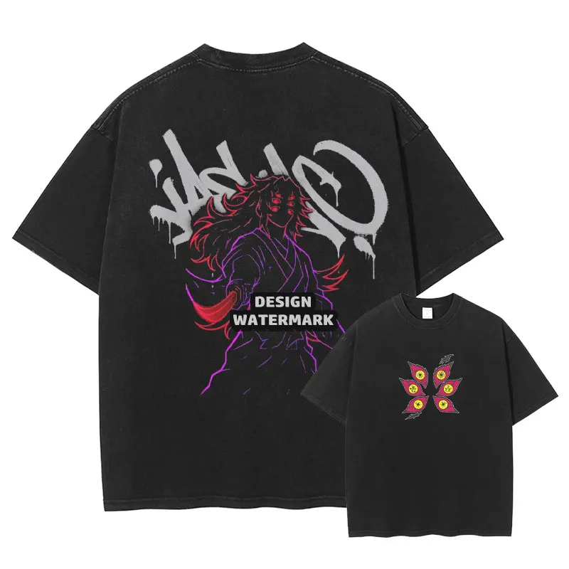 Camiseta de Anime Kokushibo d-demon Slayer Vintage lavada Zenitsu Tanjiro camisetas ropa de calle Manga Tops camisetas hombres chica 100% algodón
