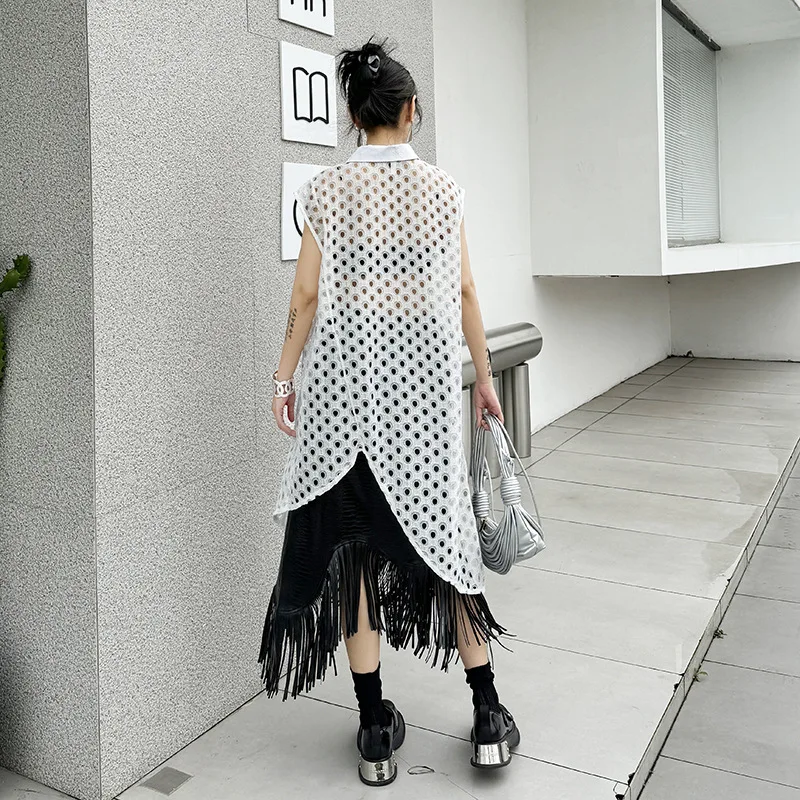 Perspective Grid Irregular Design Sleeveless Shirt Women 2024 Summer New Loose Versatile Long Top LX1498