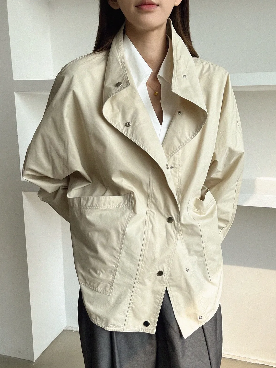 

Slim Fit OL Sle Jaet Lightweight Drapey Batwing Sve Windbreaker Coat for Women Autumn Commute Faion Retro Ele