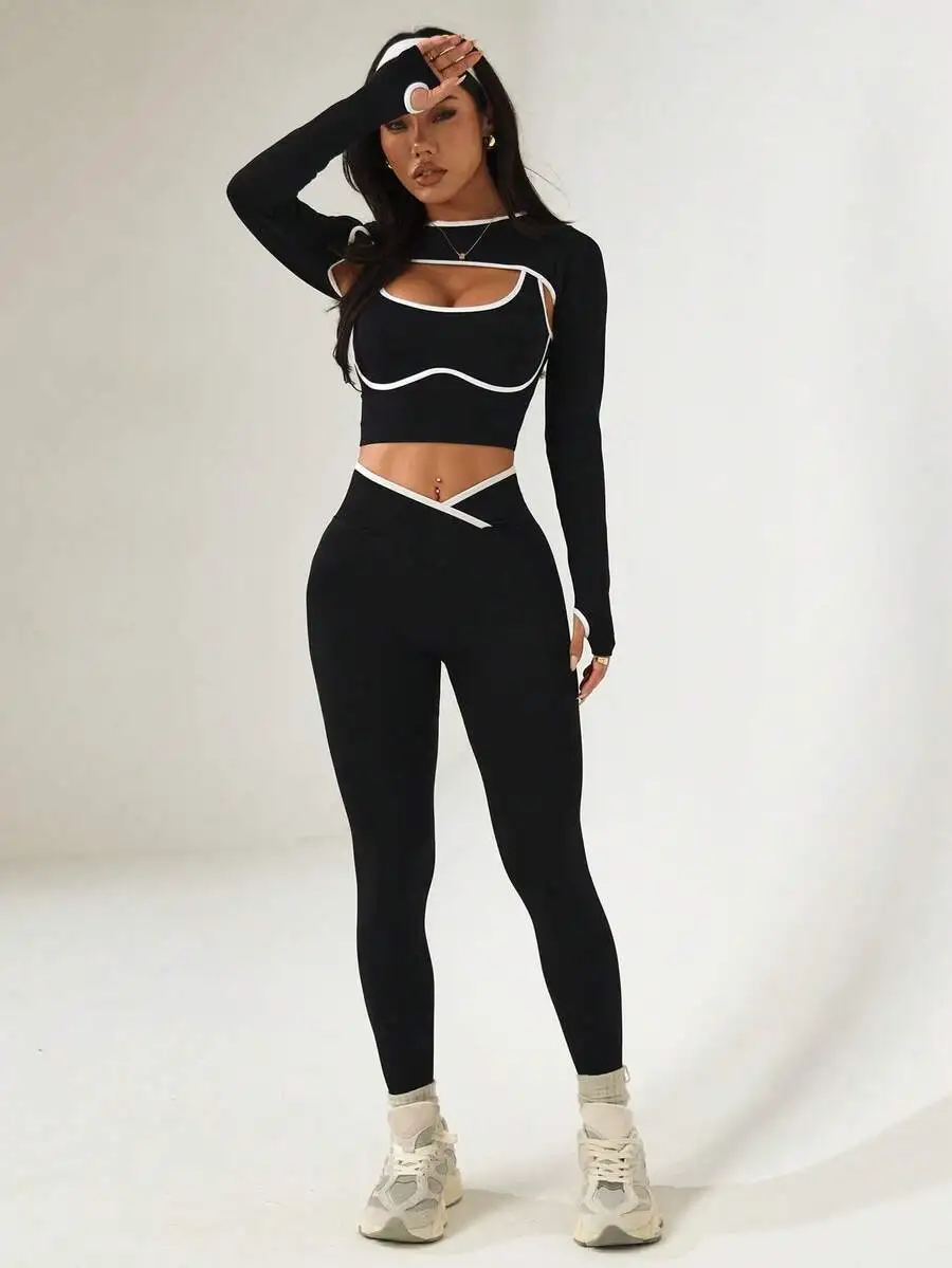 

Women 3 Piece Seamless Ribbed Sports Set Long Sleeve Top High Waist Leggings Workout Gym Set
