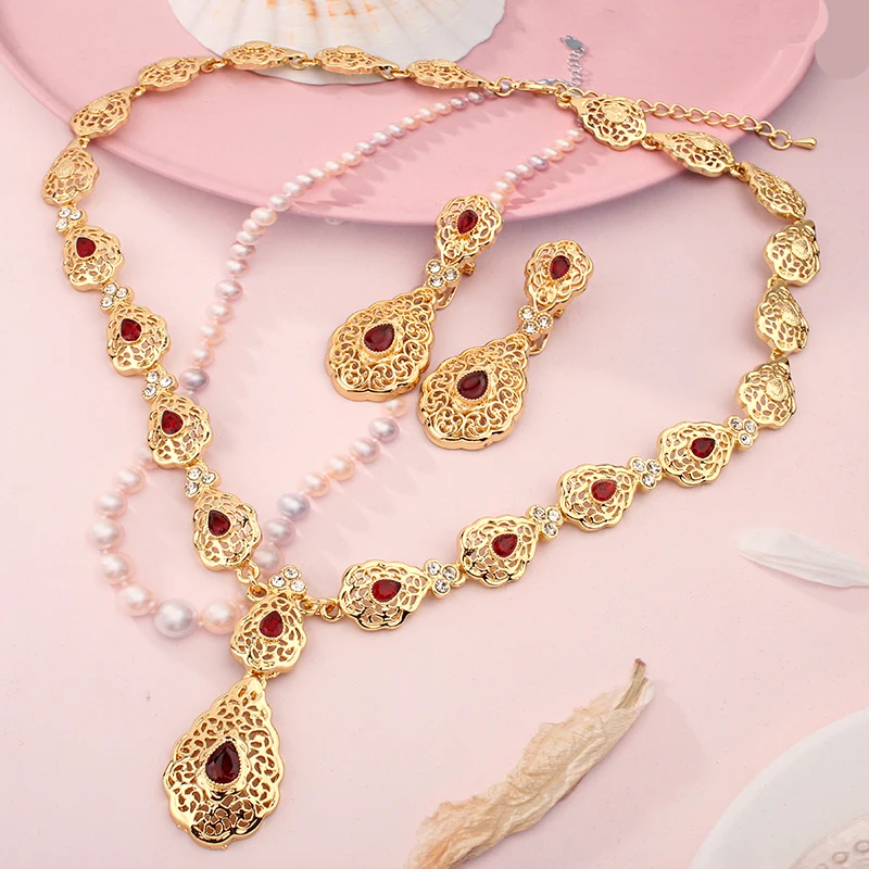 

New Morocco Trendy Necklace Set Gold Plated Crystal Necklace/Earrings Wedding Jewelry Sets Middle East Bridal Jewellery