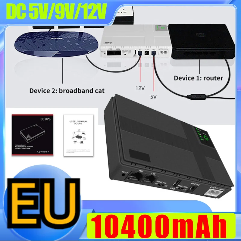 

UPS Battery Backup 10400mAh 5V 9V 12V 2A 15V 24V 1A Output Uninterruptible Power Supply 85‑265V UPS Battery Backup EU Plug