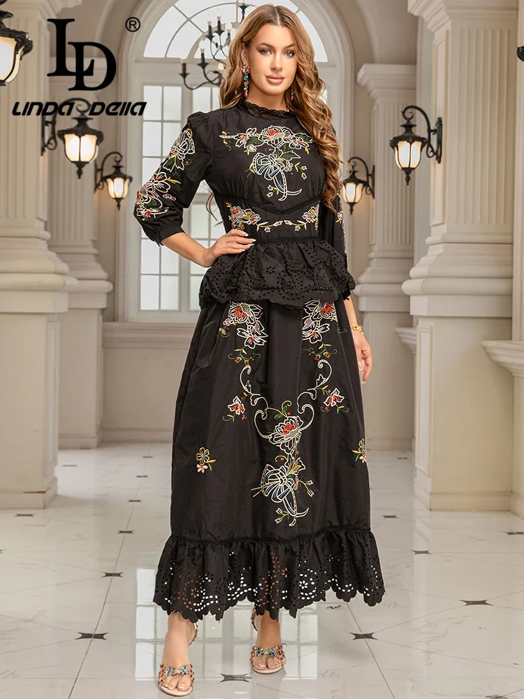 LD LINDA DELLA 2025 ربيع/صيف جديد عتيق تسعة كم الثقيلة التطريز زهرة الربط الدانتيل الخصر كشكش حافة فستان