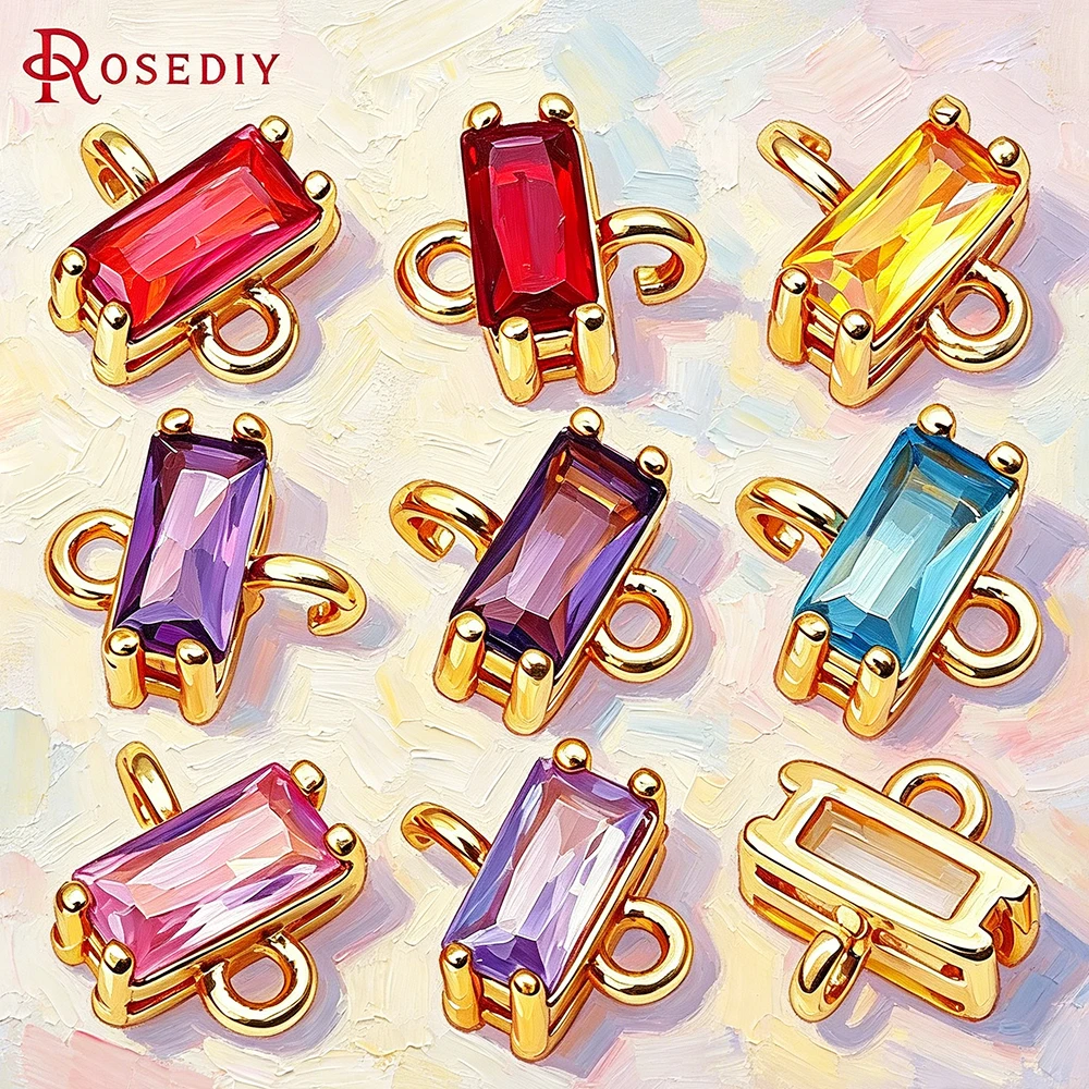 18K Gold Color Brass Glass 2 Holes Rectangle Connect Charms Pendants High Quality Necklace Earrings Making Diy Accessories