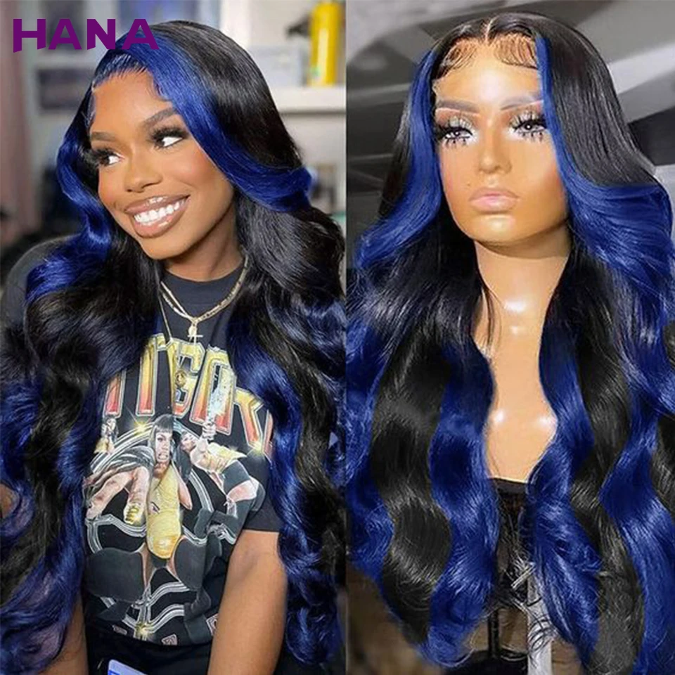 

Ombre Blue Human Hair Wigs HD 13x6 Lace Frontal Wig Highlights Blue Brazilian Body Wave Bleached Knots Remy 5x7 Lace Closure Wig