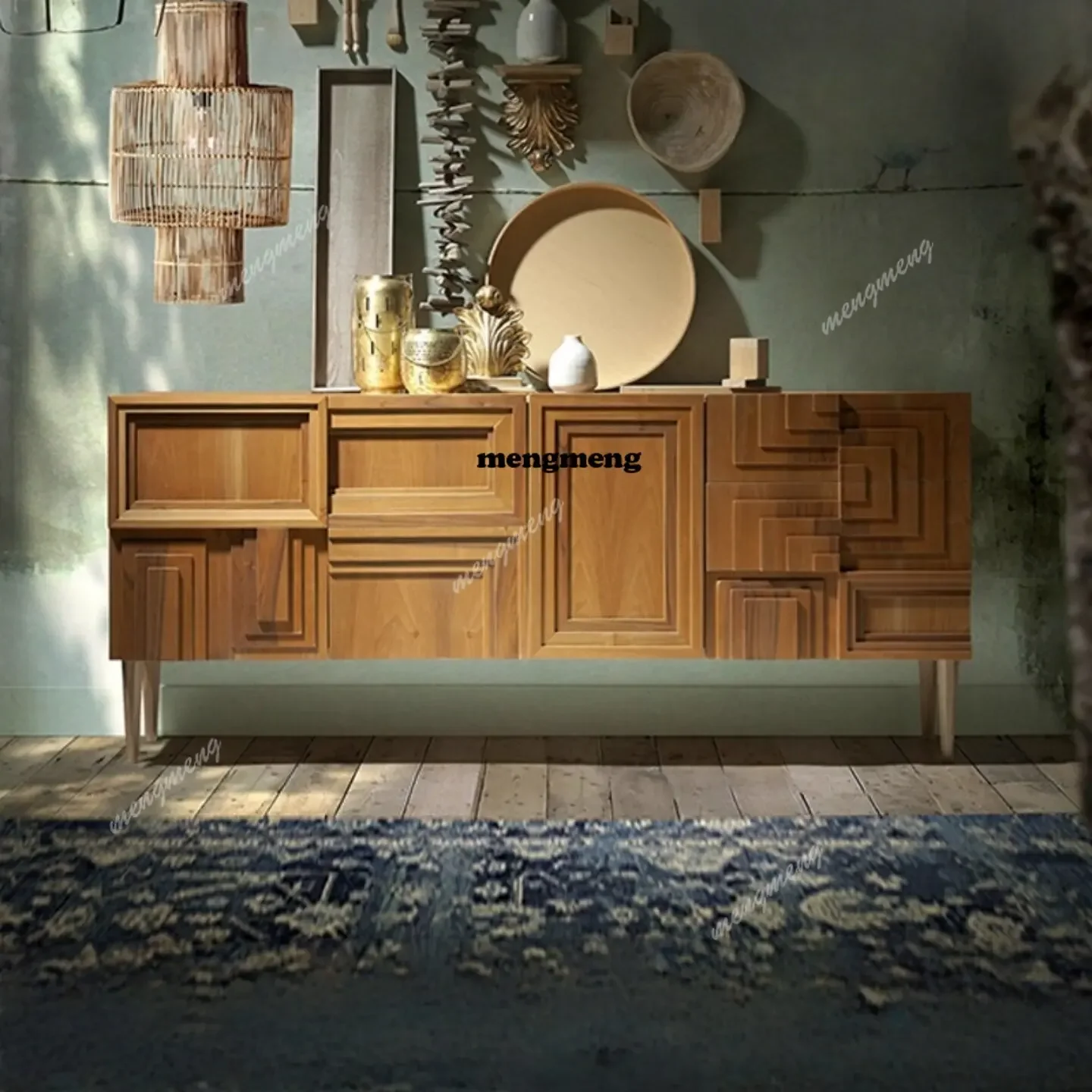 Y136 French solid wood dining side cabinet carved geometric shape locker living room retro storage cabinet foyer entrance cabine