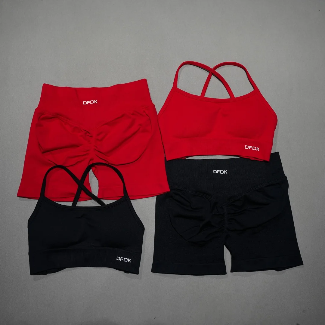 DFDK High Waist Short Leggings Matching Set, Seamless Lace Up Sports Bra, Women Gym Fitness Cycling Workout Outfit