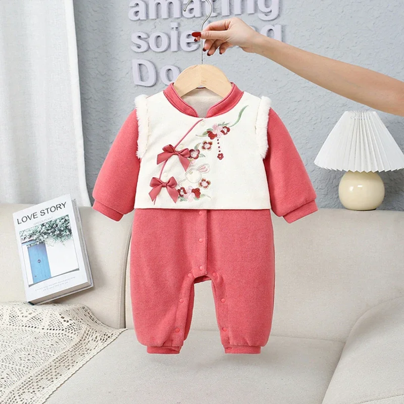 

2024 Baby Girl New Jumpsuit Korean Children Warm Fleece-Lined Clothes Full Month One-Year-Old Kids Climbing Suit AutumnWinter