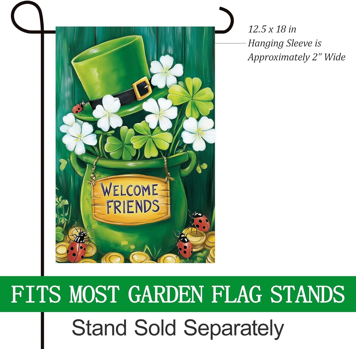 Texupday St. Patrick's Day Welcome Friends Pot Clover Floral Hat Decoration Spring Vertical Garden Flag Rustic Irish Holiday zzo