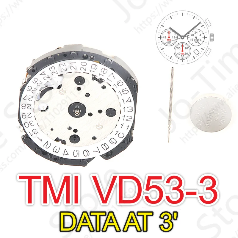 VD53 movement TMI VD53C-3 Quartz Movement Three Hands with 3Eyes ＆Date Small Chronograph Second＆Minute,24Hour Indicator Hands