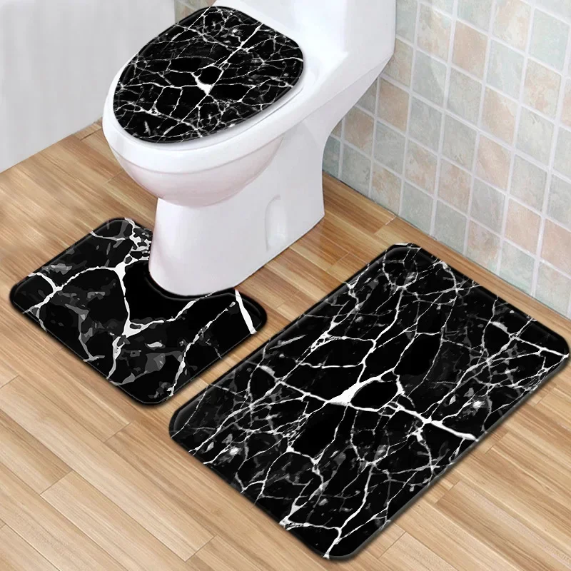 3-piece set Marble Pattern Bath Mats Anti Slip Bathroom Mat Set Washable Toilet Seat Lid Cover Pedestal Rug Set Home Decor