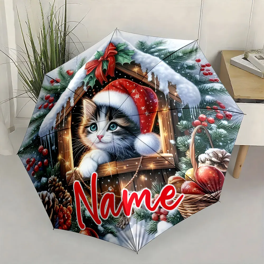 Custom Name Santa Cat-Themed Umbrella for Holiday Cheer Print 8 Iron Ribs Folding Umbrella, Auto-Open Fashion Sunshade