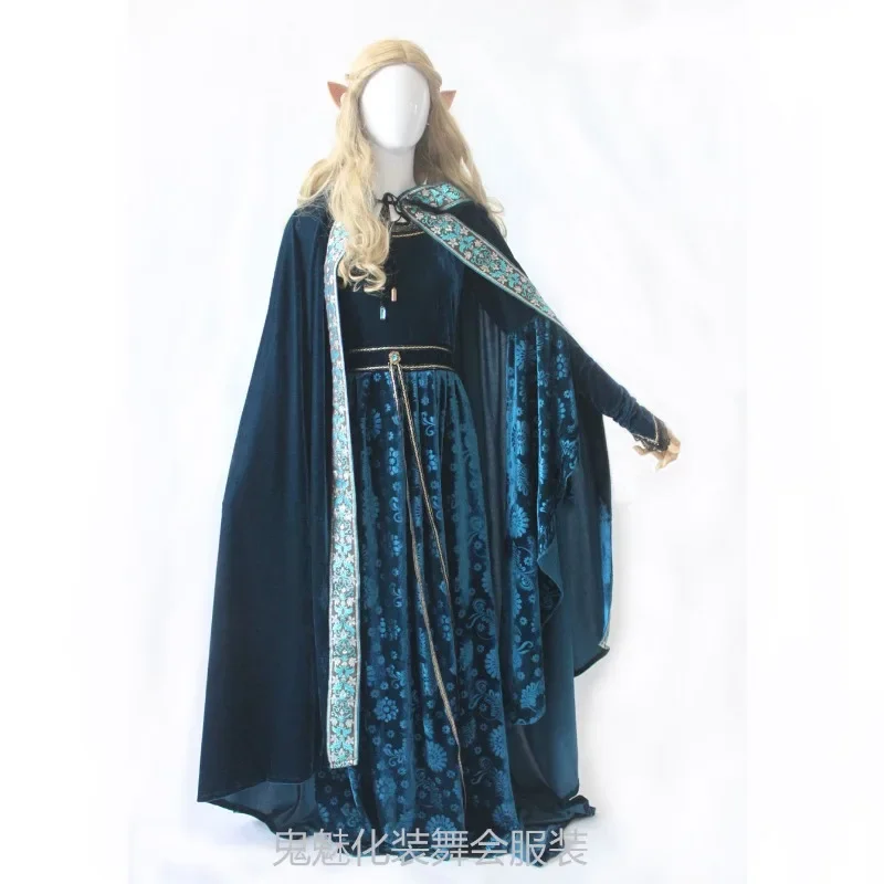 Blue Elf Princess Set Lord of The Rings Elf Cloak Dark Pattern Elf Queen Cosplay Costume Adult for Halloween Christmas Party