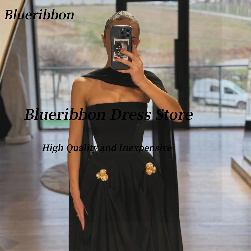 Blueribbon vestidos de baile preto sem alças ouro flores decoração vestido de festa de casamento longo ruched vestidos formais de noite personalizados