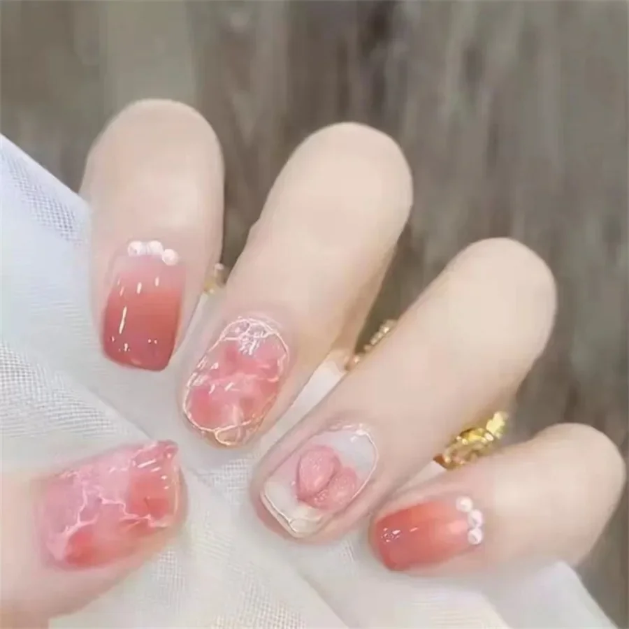 24P/pcs Artificial Acrylic Press On Nails Art Short French Pink Butterfly Removable Wearable Nail Girls Cute Fake Nails Supplies