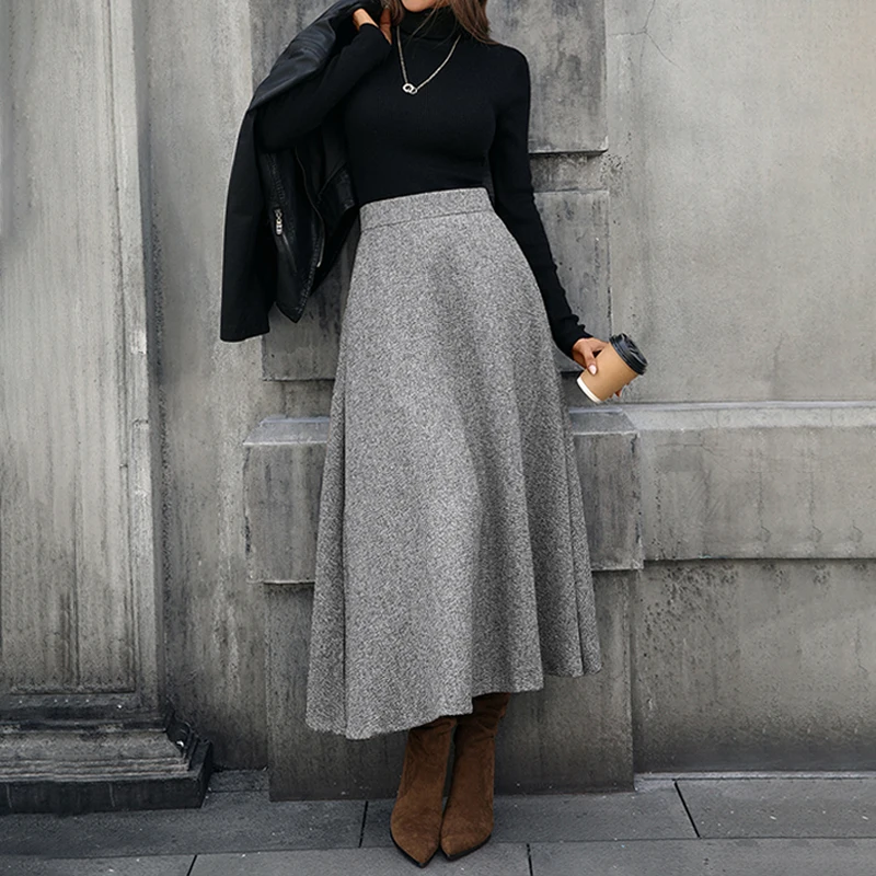 OMSJ 3 ألوان 2025 الخريف الشتاء خمر ألف اصطف سوينغ الصوفية تنورة المرأة مرونة عالية الخصر ميدي التنانير الطويلة ملابس الشارع الشهير غير رسمية