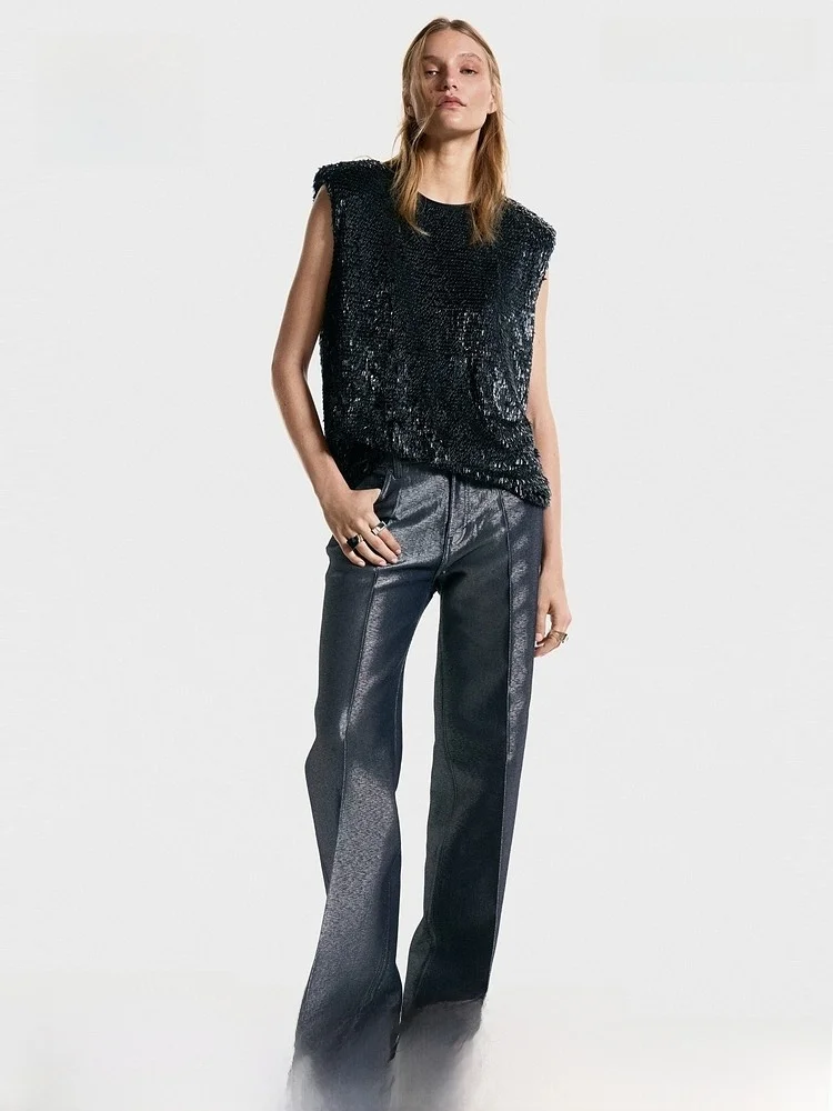 

Женская футболка H&M с круглым вырезом, с пайетками на плечах, повседневная, свободного кроя, из смесового полиэстера и спандекса