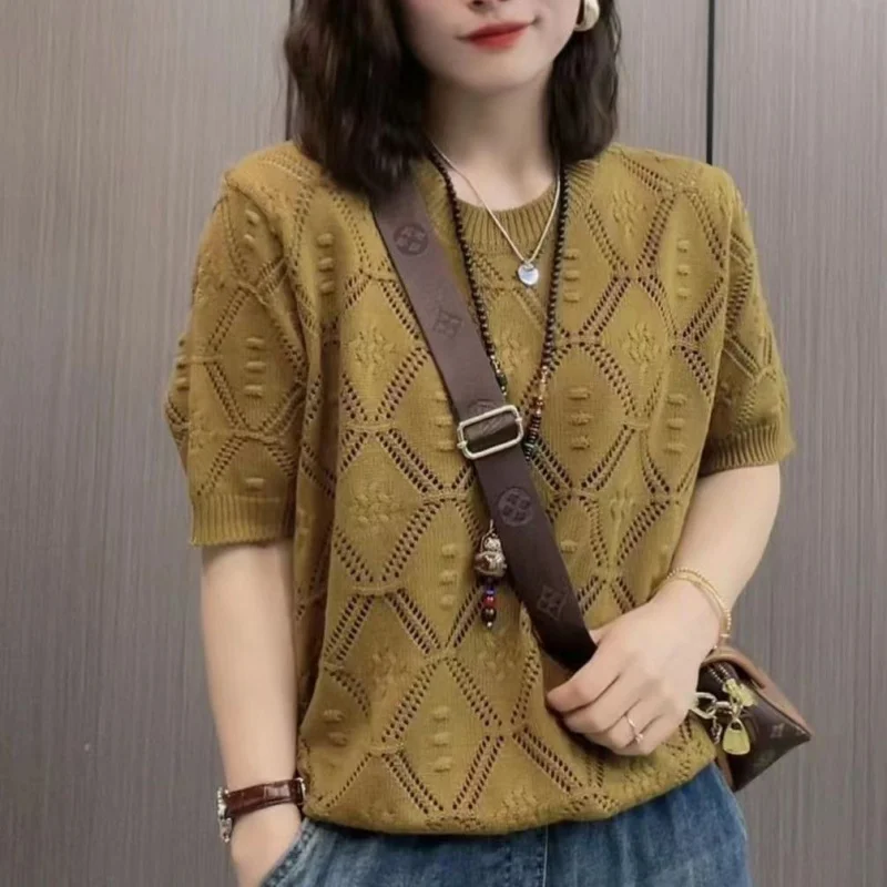 

Весна-лето, новый полый свободный вязаный топ, женский корейский стиль, элегантная повседневная рубашка с круглым вырезом и коротким рукавом