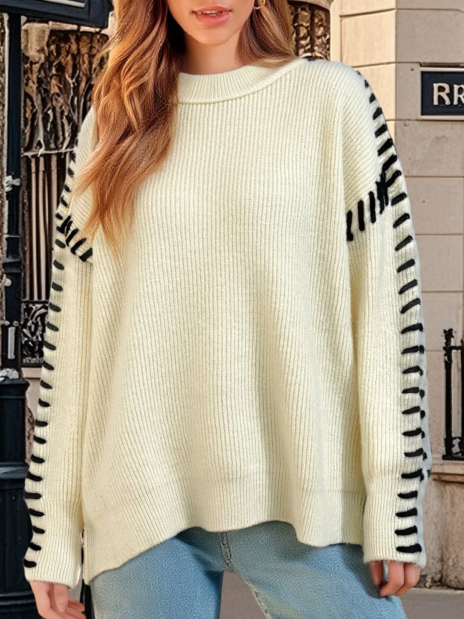 

Women s Contrast Color Sweater Fashionable Casual Crew Neck Long Sleeve Knit Loose Fit Tops