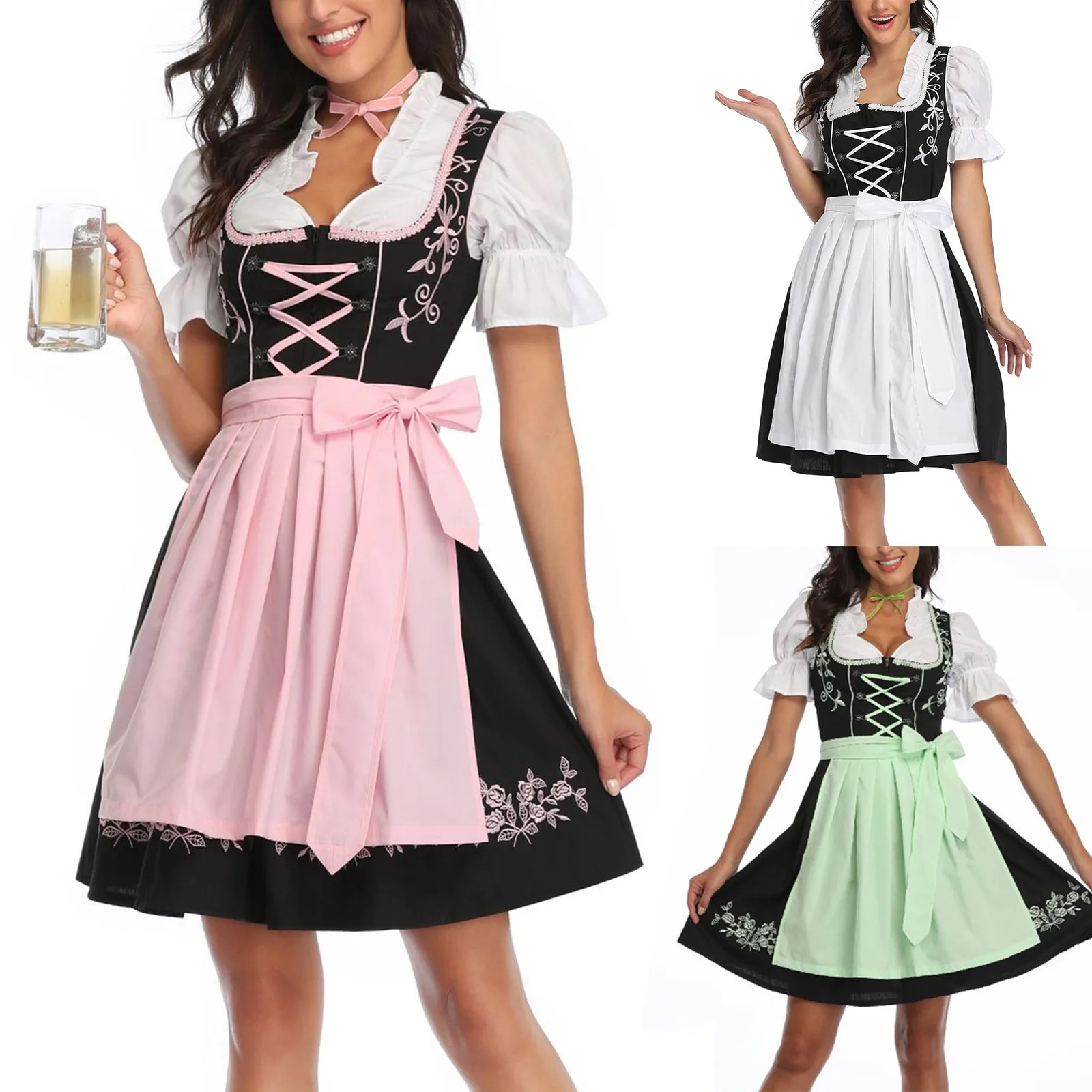 Damska niemiecka sukienka Dirndl Oktoberfest Dirndl sznurowana sukienka świąteczna kostium Oktoberfest przebranie na karnawał przyjęcie Plus Size