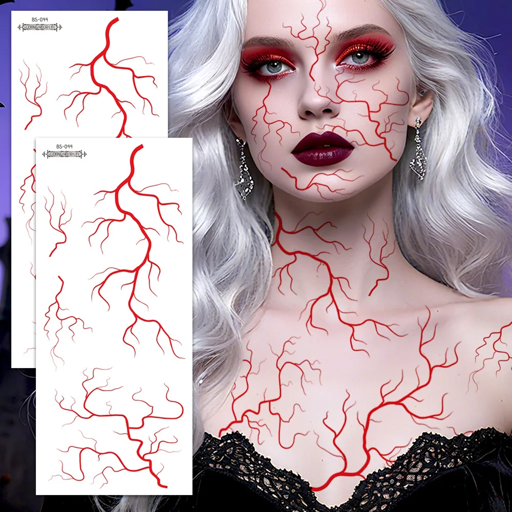 Realistische Ader Lightning Tattoos 2 Blatt – schwarze und rote Halloween-Körperkunst-Aufkleber für Männer und Frauen, Kostüm-Make-up