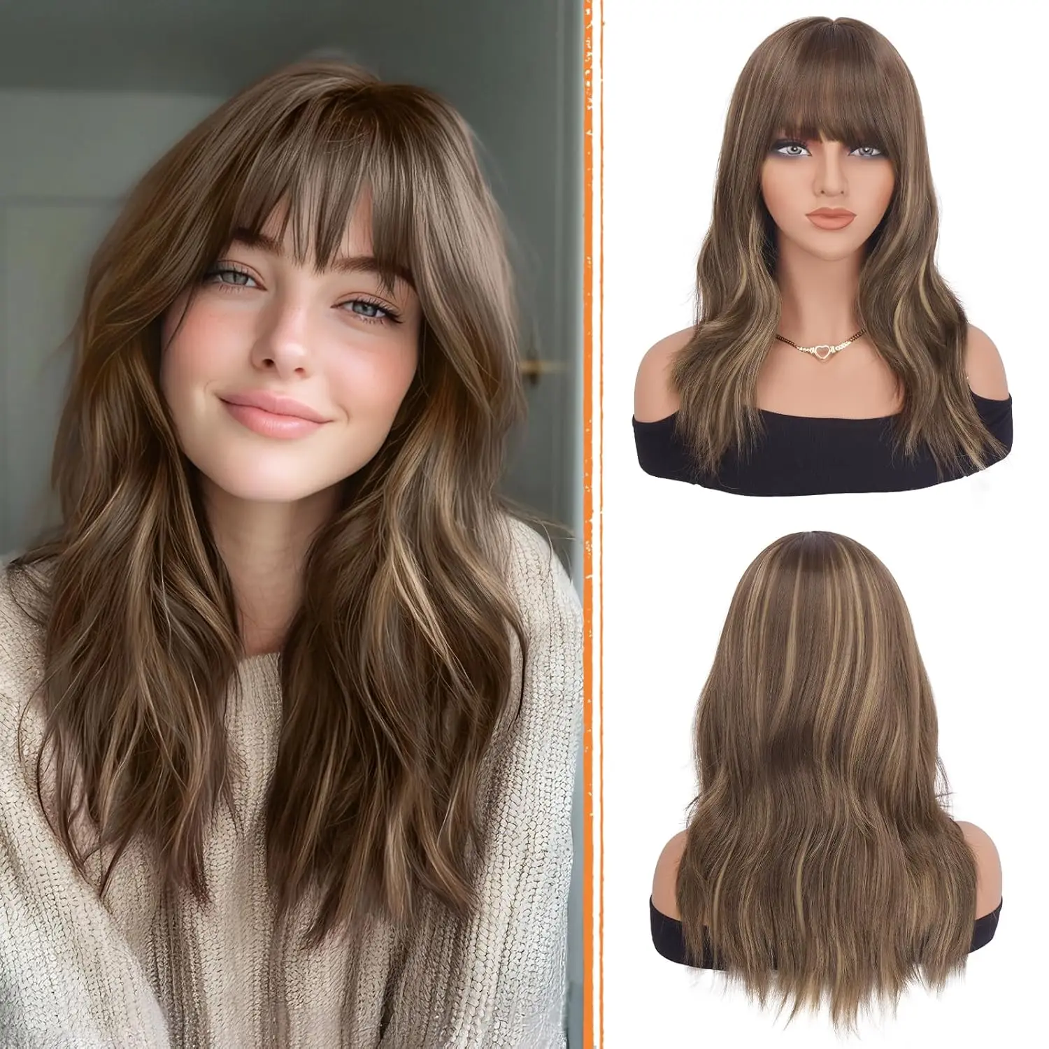 

Brown Wig with Bangs - Natural Wavy Synthetic Heat-Resistant Medium-Length Wig, Suitable for Women's Daily Gatherings, Blonde Mixed with Brown