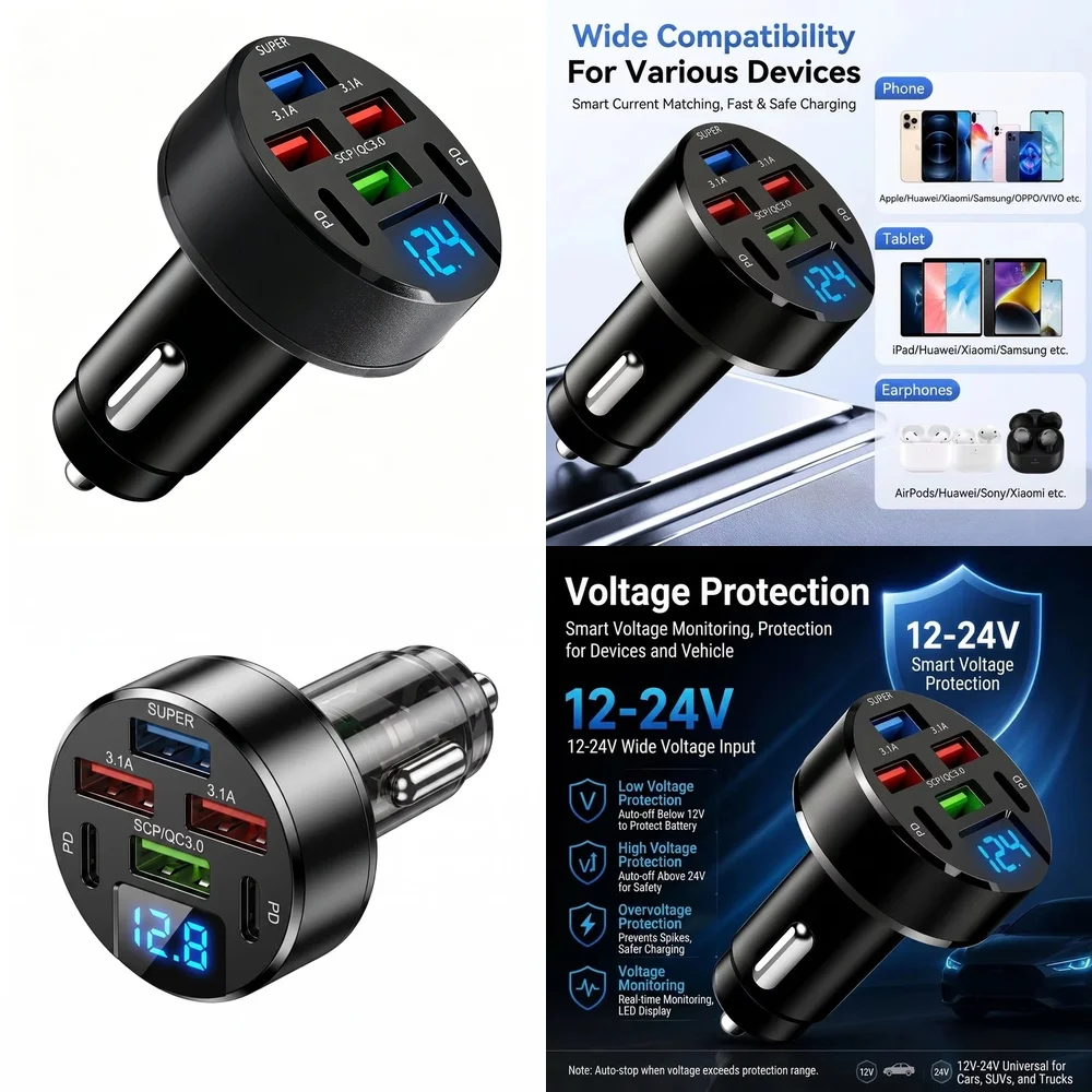 6 Port Car USB Charger 100W with LED Digital Voltage Display Multi Port QC3.0 PD Fast Charge Adapter for iPhone Samsung Xiaomi