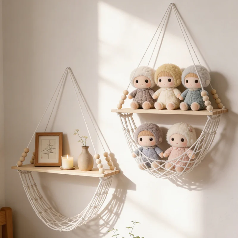Natural Wood & Cotton Rope Macrame Wall Shelf Dual Purpose Display Shelf Toy Storage Net Boho Home Wall Decor