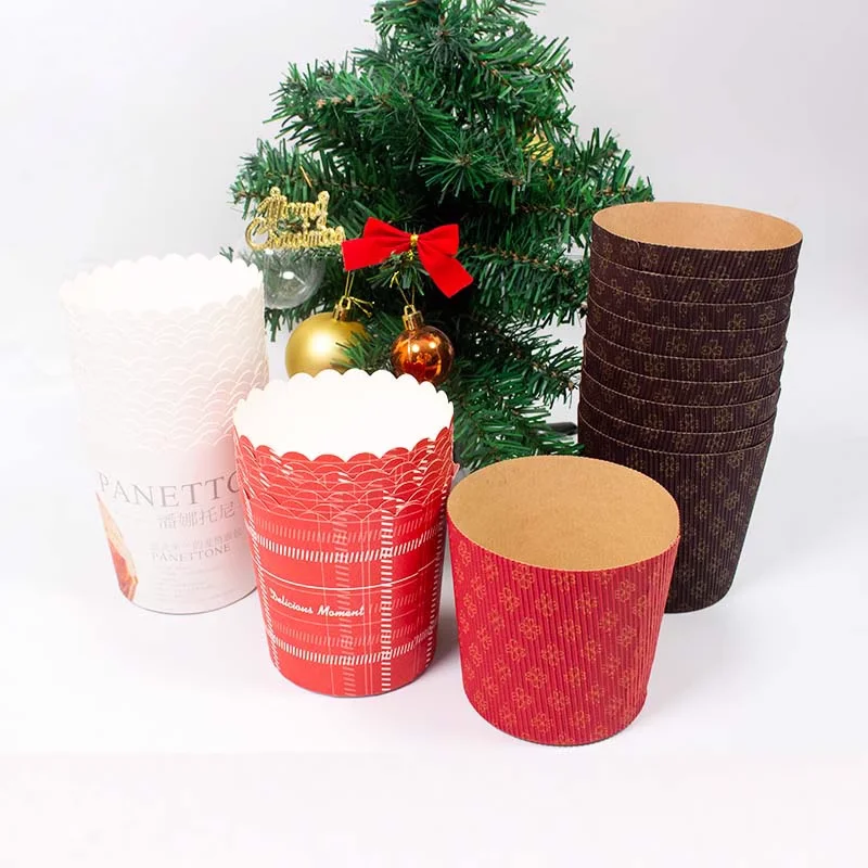 Molde para hornear de papel para tazas de pastel Panettone de 4 ", 500 Uds./1000 Uds. Marrón Rojo Blanco para pan de Navidad