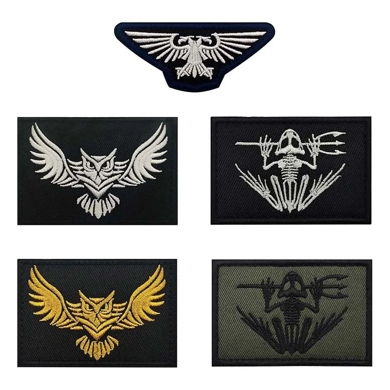 Skelett-Frosch-Froschmann, steigende Eule, Adler-Stoff-Applikation, Stickerei, taktisches Emblem, Aufnäher mit Klettverschluss, militärisches Rucksack-Abzeichen