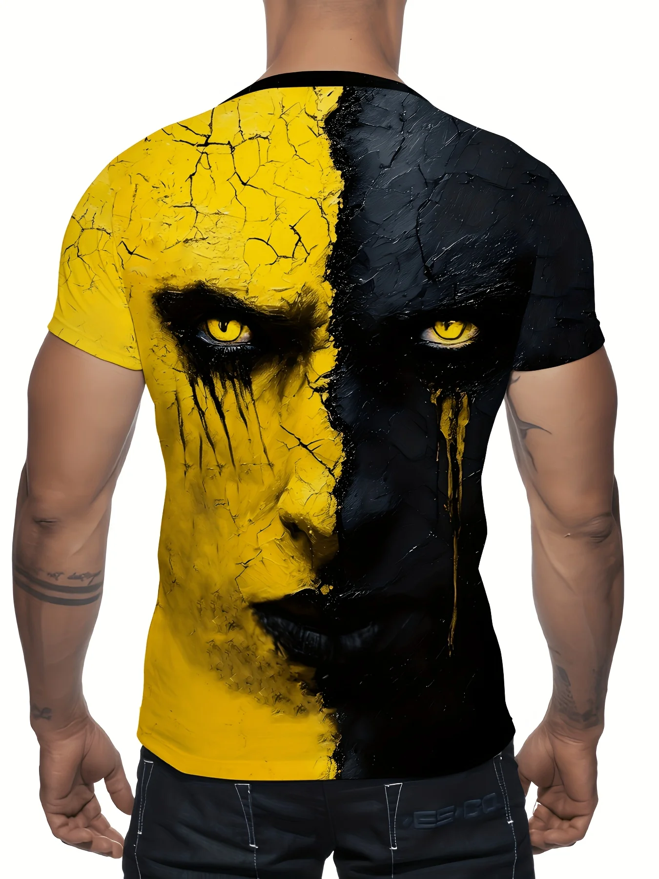 Two Tone Black Yellow Crack Evil Demon Face 3D Print T Shirt Men Horror Graphic Short Sleeve Crew Neck Casual Top
