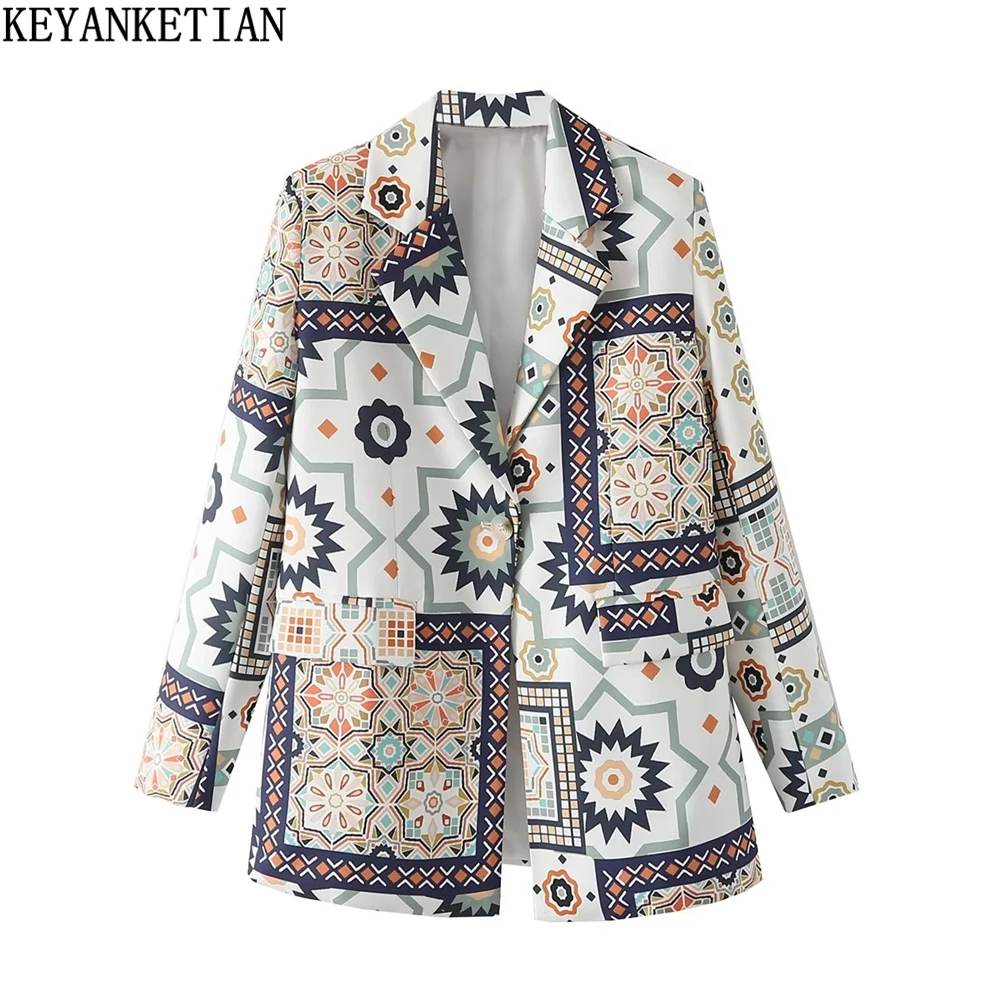 

KEYANKETIAN women's spring new color patchwork geometric graphic print one button high-waisted vintage suit jacket