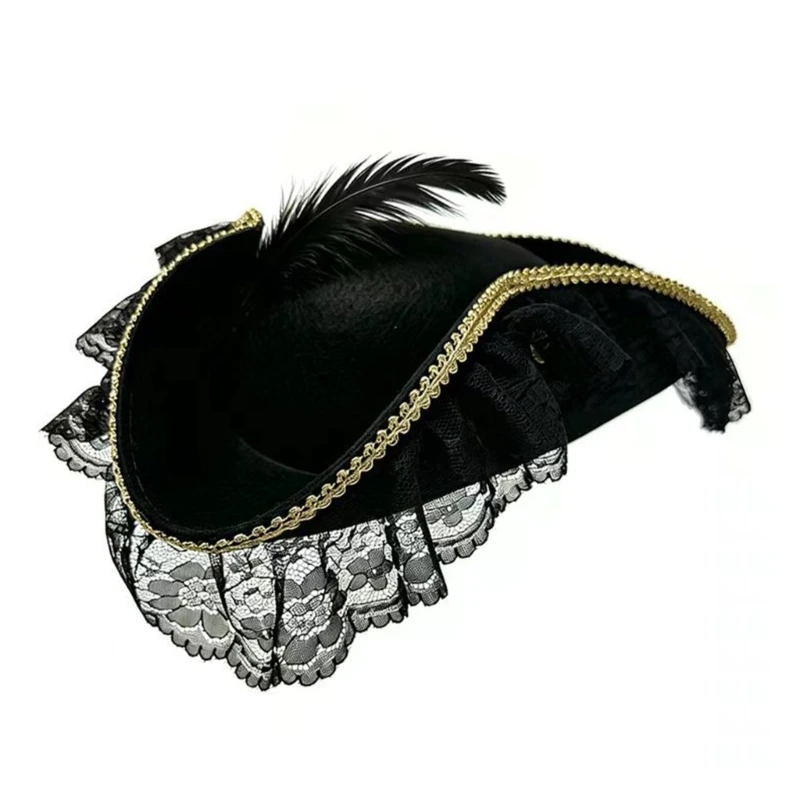 HX6F Gothic Black Pirate Hat With Lace And Detail Costume Hat For Adults