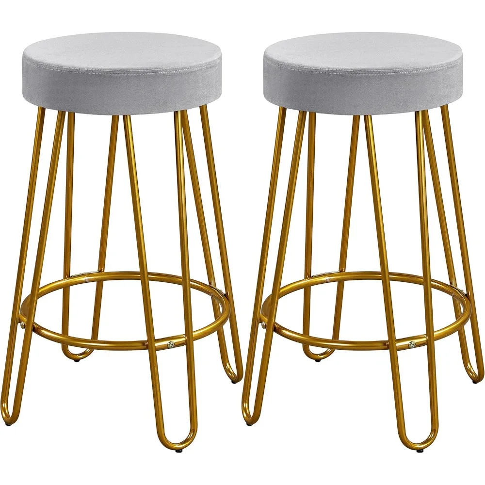 Bar Stools Set of 2, Velvet Round Counter Stools, Backless Counter Height Bar Chairs with Golden Legs for Kitchen Dining Room P