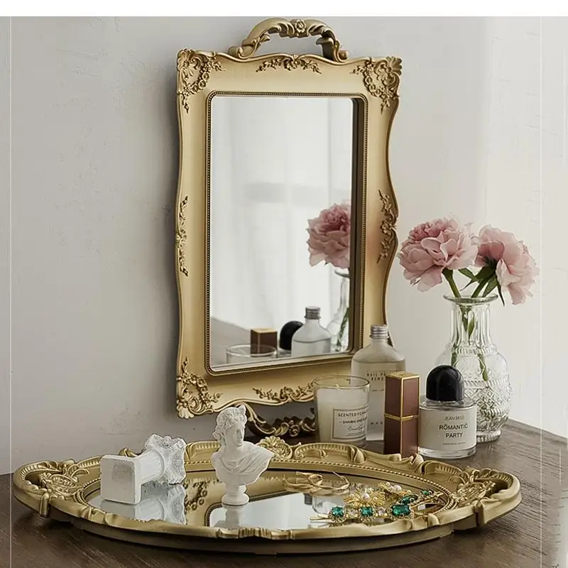 

Retro Mirror Tray European Carved Ornaments Living Room Home Decoration Crafts Makeup Storage Display