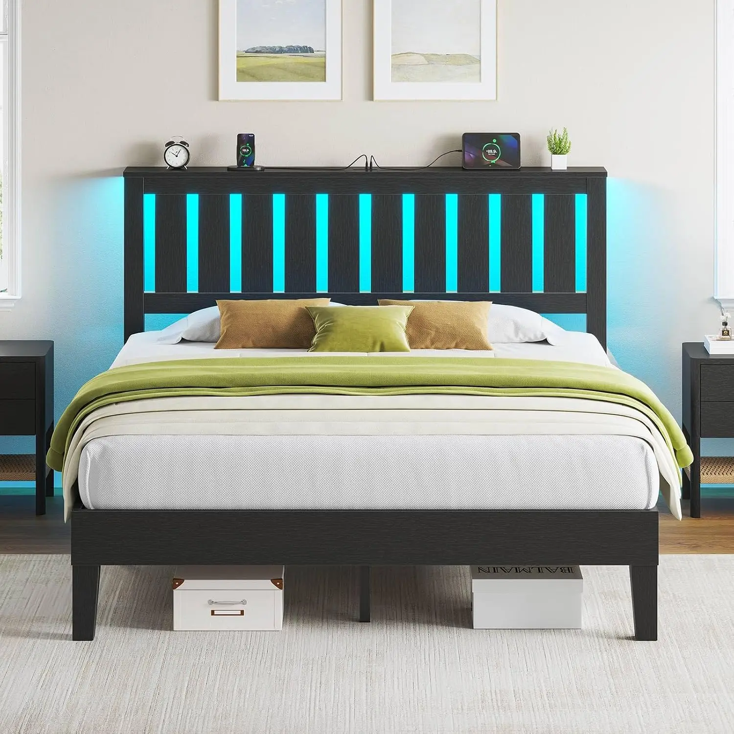 Full Bed Frame With Headboard & LED Lights Charging Station Wood Slat Support No Box Spring Black, Customized