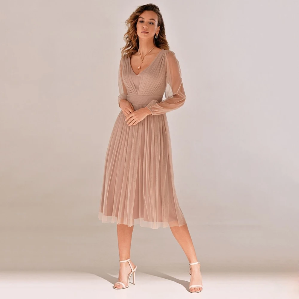 

Long Sleeves V Neck Mother of The Bride Dress Ruched Pleats Short Wedding Party Dresses Mother Gowns of Groom