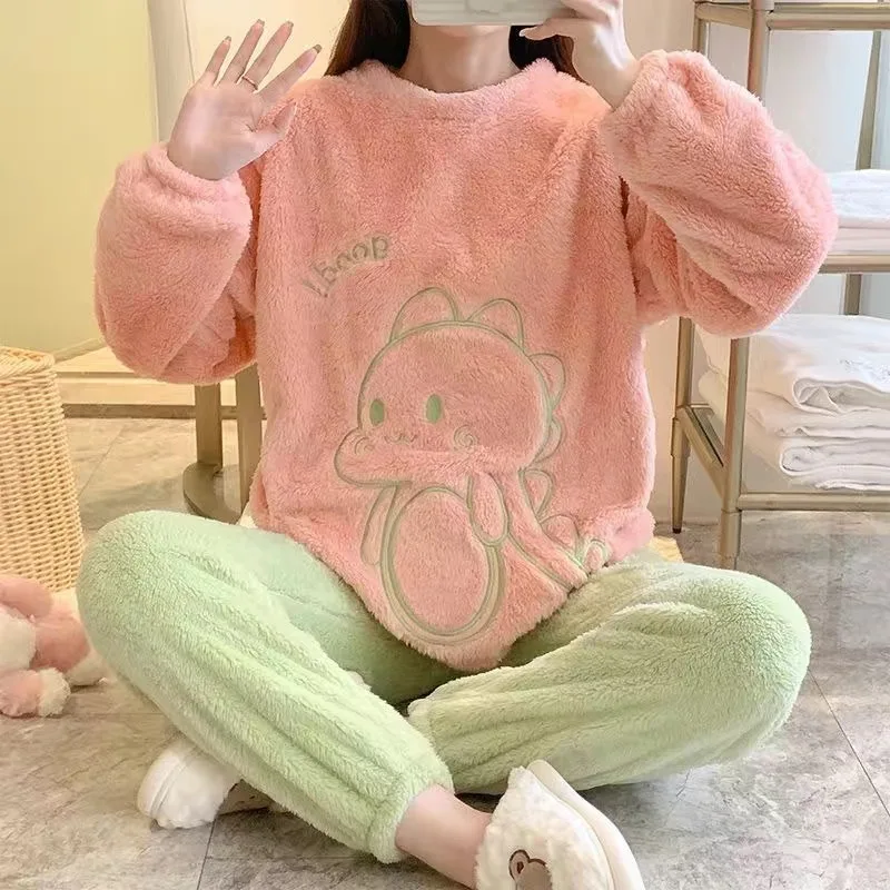 Thickened Warm Flannel Women Sleepwear Homewear for Winter Tops and Trousers Ladies Nightwear Loungewear Two-Piece Set Pajamas image 5