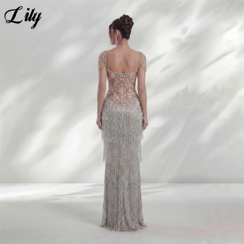 Lily Silver Nude Formal Bridal Evening Dress Square Neck Party Dress Pink Floral Robe De Soirée Tassel Evening Gown Customized