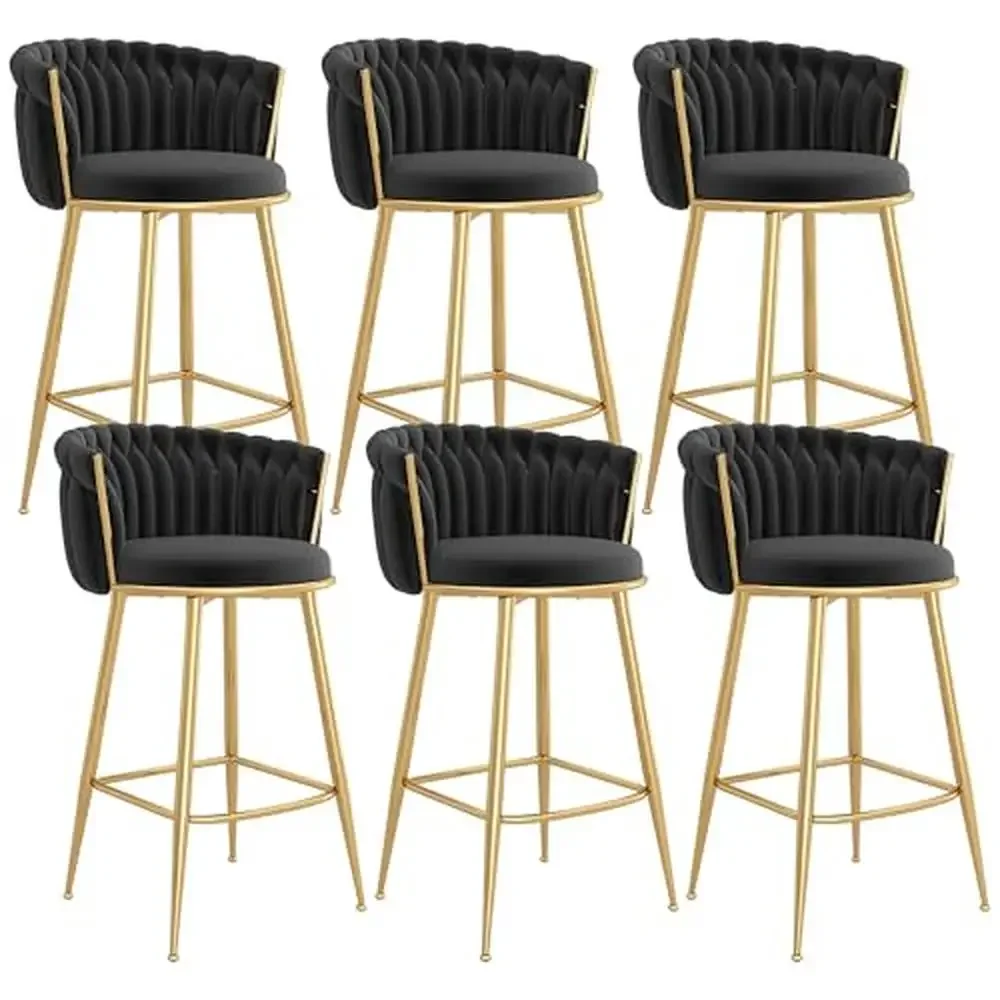 

Modern Velvet Counter Stools Set of 6 with Handmade Woven Backrest Comfortable Seating Golden Legs Sturdy Construction Luxurious