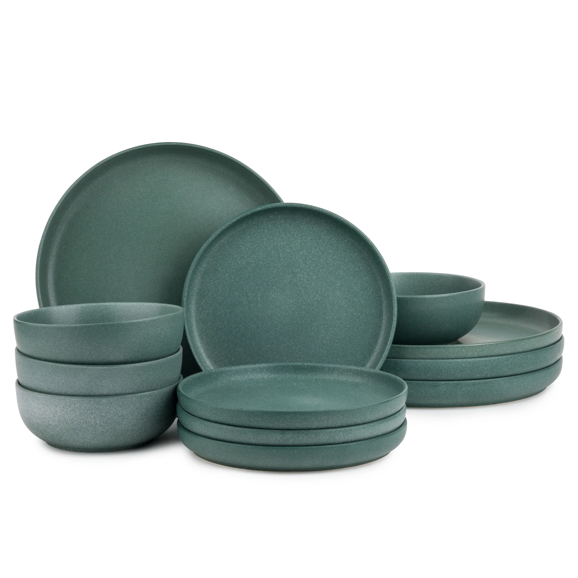 

12-piece stoneware dinnerware set in caspian green finish