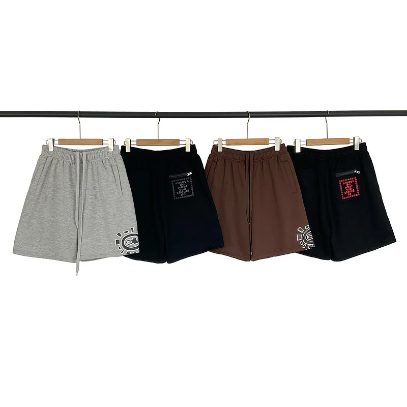 ADWYSD ベーシック サン プリント フリース裏地付きスポーツショーツ ハイストリート サマー カジュアル ドローストリング 五分丈 ストレートレッグパンツ
