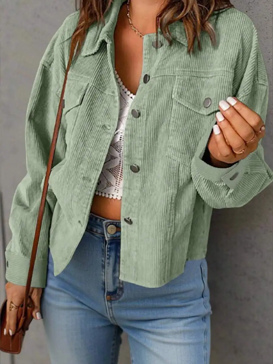 

Women's Light Green Corduroy Jacket with Button Front and Chest Pockets, Casual Autumn Style