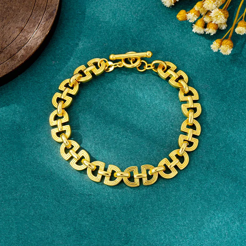 

Luxury 24K 9999 Pure Gold real gold D Letter Geometric Bracelet Ring Link Bracelet