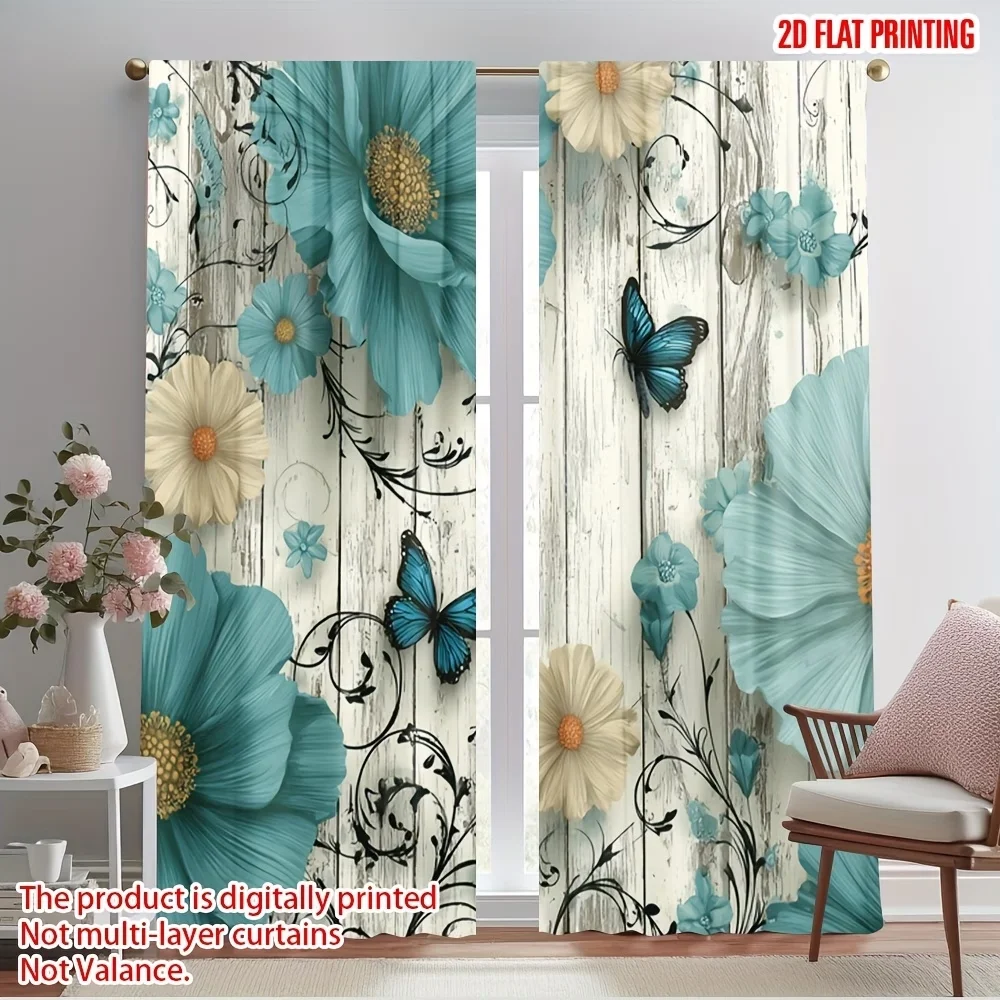 2PCS Digital Printed Curtains, Blue Flower Butterfly Nature Insect Floral, Window Drapes for Living Room Bedroom Home Decoration