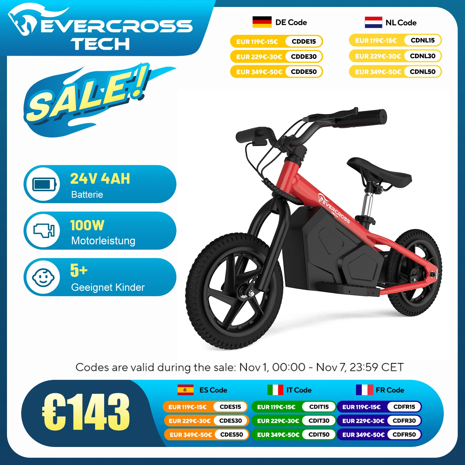 EVERCROSS TECH EV06M Electric bike for kids 24V 100W, electric balance bike with 12-inch inflatable tires and adjustable seat, electric motorcycle for kids aged 3 to 5 years