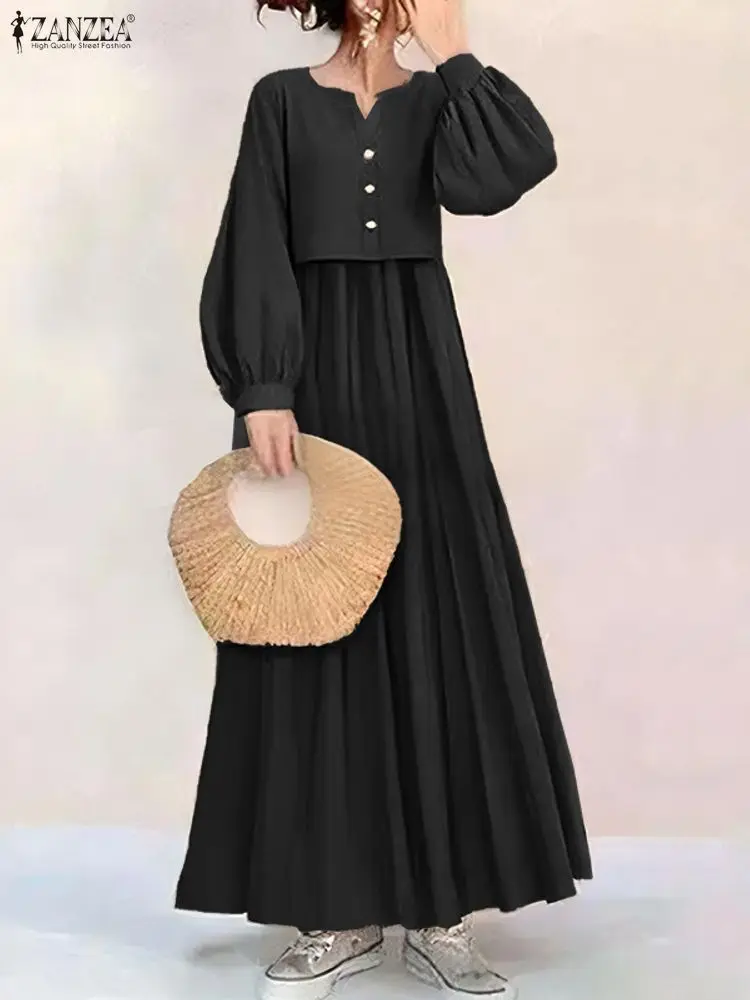 Eleganckie, swobodne sukienki maxi z efektem dwóch części, luźny krój, dekolt w serek, długi rękaw, jednolity kolor, linia A, kolekcja ZANZEA jesień 2025.