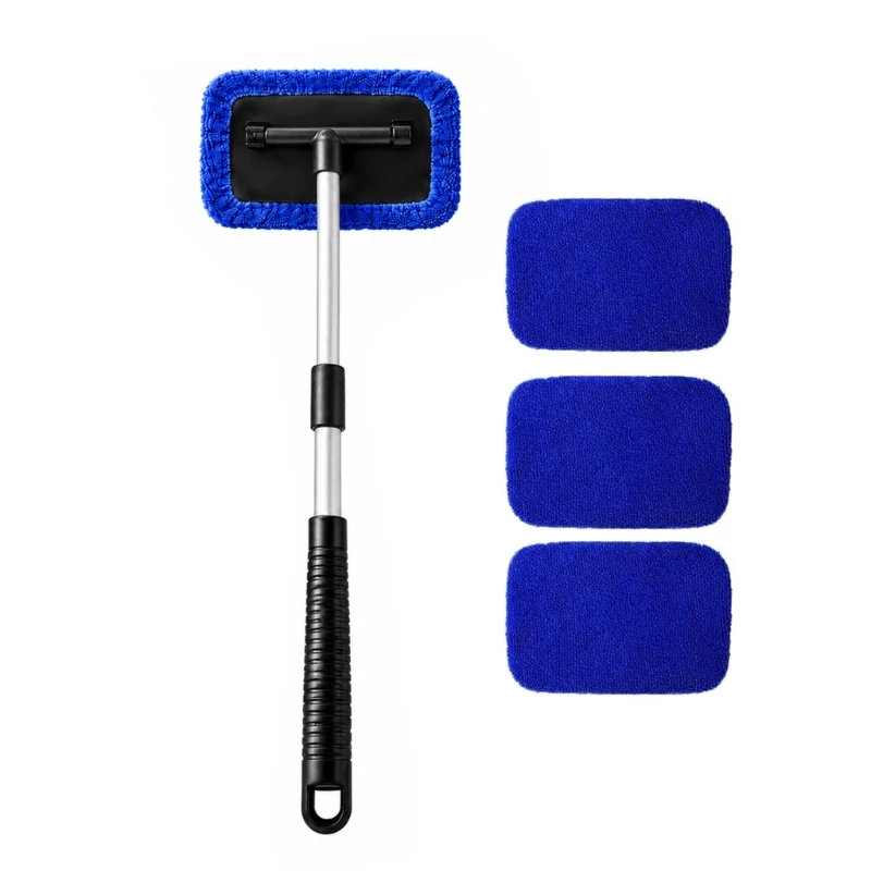 E06B Car Glass Cleaning Brush with Telescoping Rod, Ridged Grip, and Microfiber Cloth for Routine Windshield and Mirror Cleaning