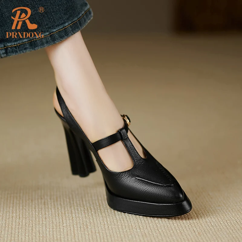 PRXDONG 2024 New Spring Summer Qulaity Genuine Leather High Heels Pointed toe SHoes Woman Pumps Black Dress Party Office Lady 40