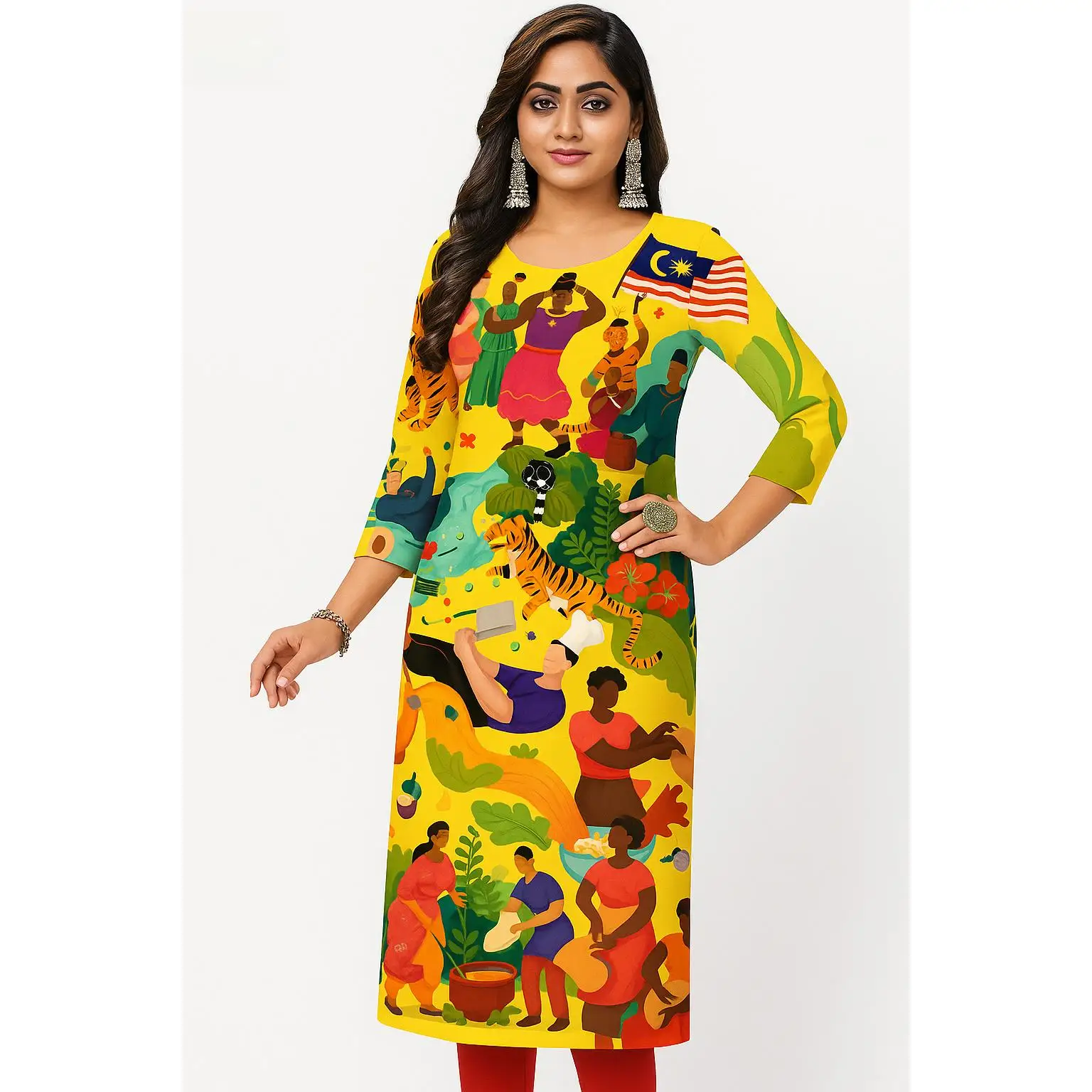 Kurt Abito comodo alla moda da donna Manica lunga Tubo dritto Casual Girocollo etnico Taglia regolare Nuovo abito